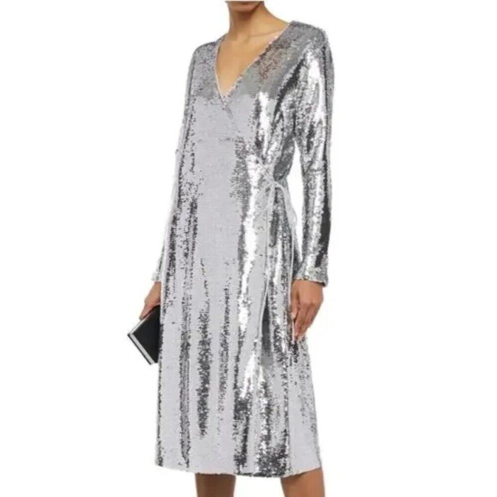 Ganni Silver Sequin Wrap Mini Dress Size S — NYE Cocktail Party Holiday Sparkle